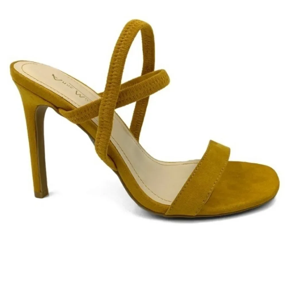AnneMichelle mustard crisscross band open-toe pump